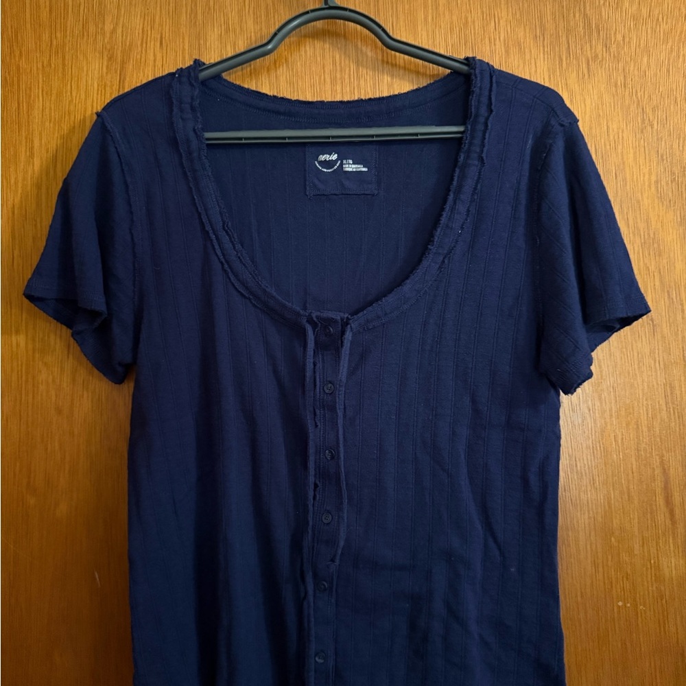 aerie Navy Ribbed Button-Front Short Sleeve Top